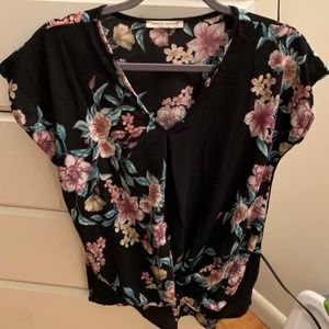 Black Floral Top with Front Twist